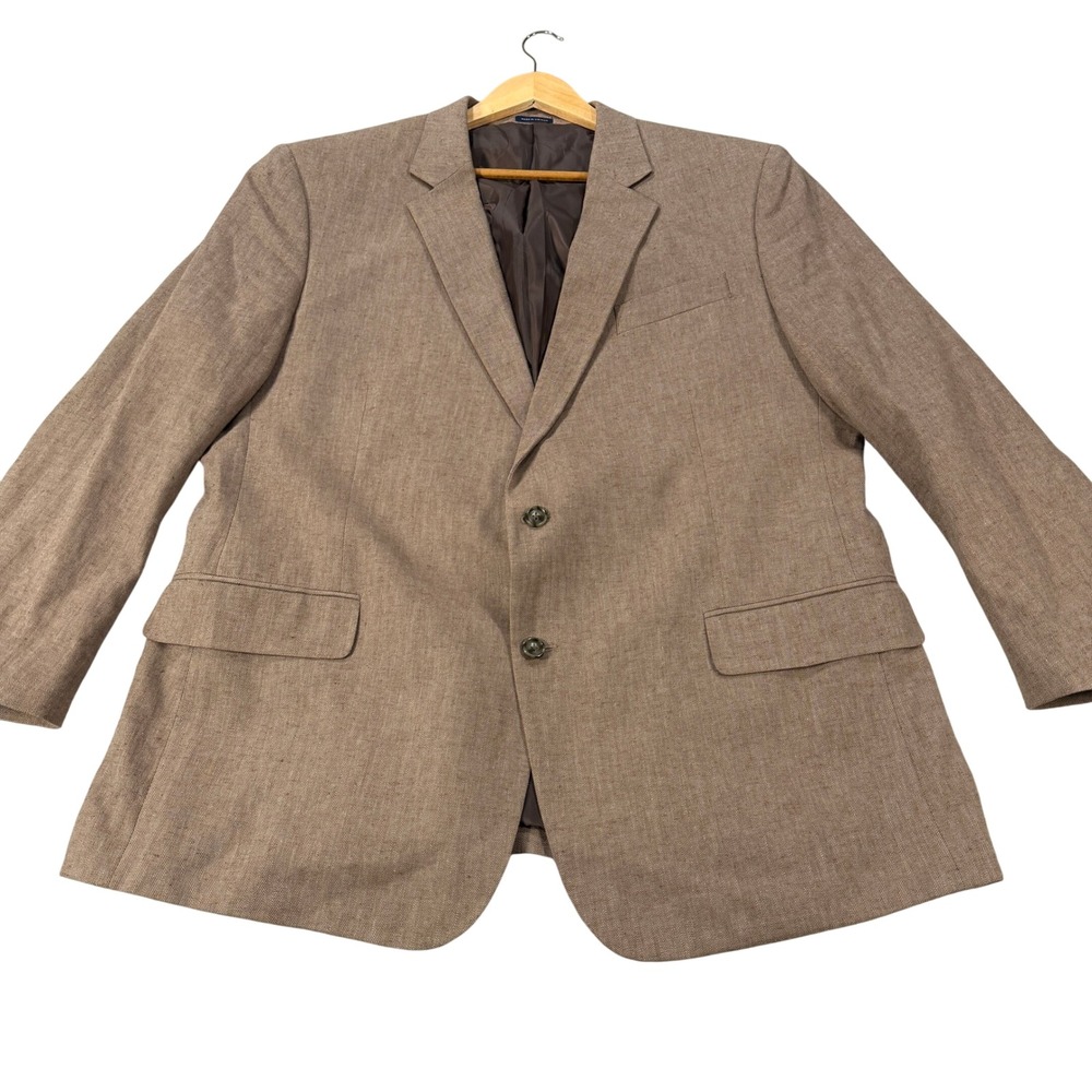 Stafford Signature Mens 50R Classic Fit Linen Cotton Herringbone Blazer Brown
